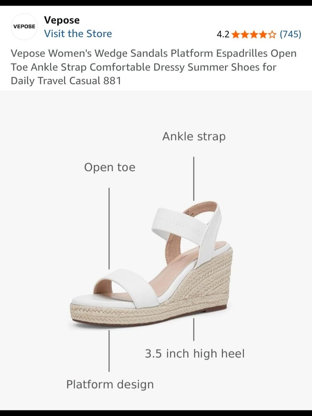 Vepose White Espadrille Platform Wedge Sandals with Ankle Strap